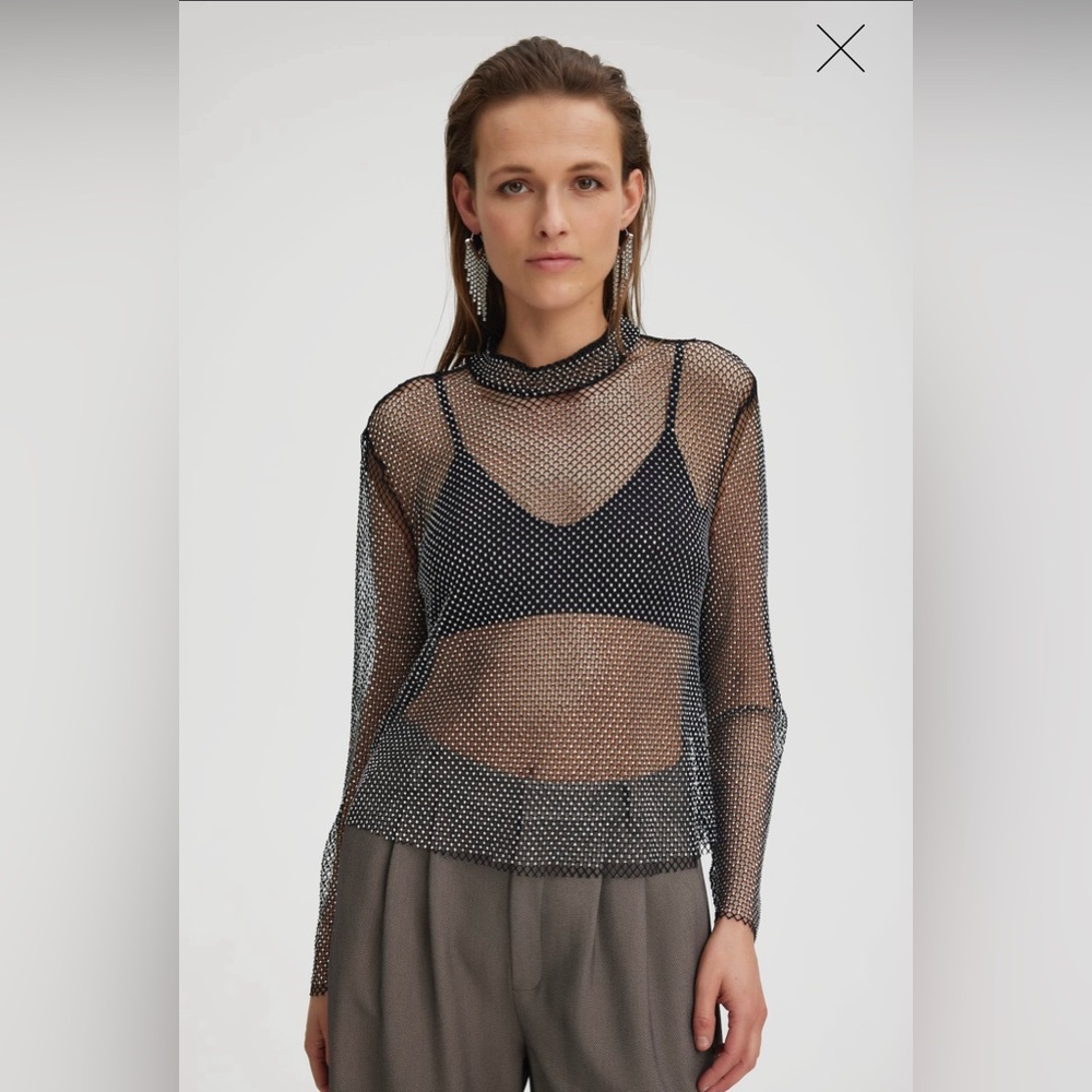 NWOT GESTUZ Yadegz Crystal Embellished Mesh Mock Neck Top - Small